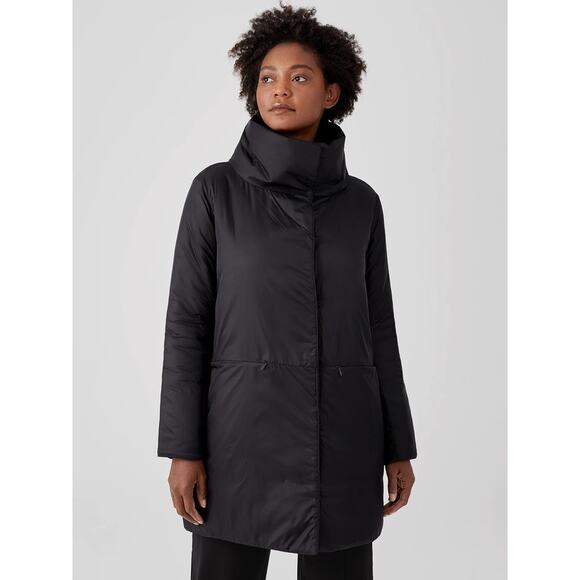 Eileen Fisher Recycled Nylon Black Stand Collar Cocoon Coat Size Small - Picture 1 of 7